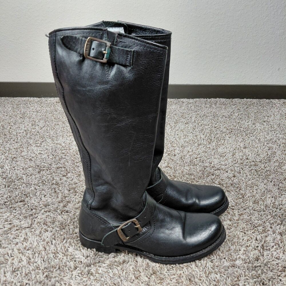 Frye Veronica Slouch Boots Womens 8.5 B Black Leather Riding Moto Harness Buckle - Picture 3 of 11
